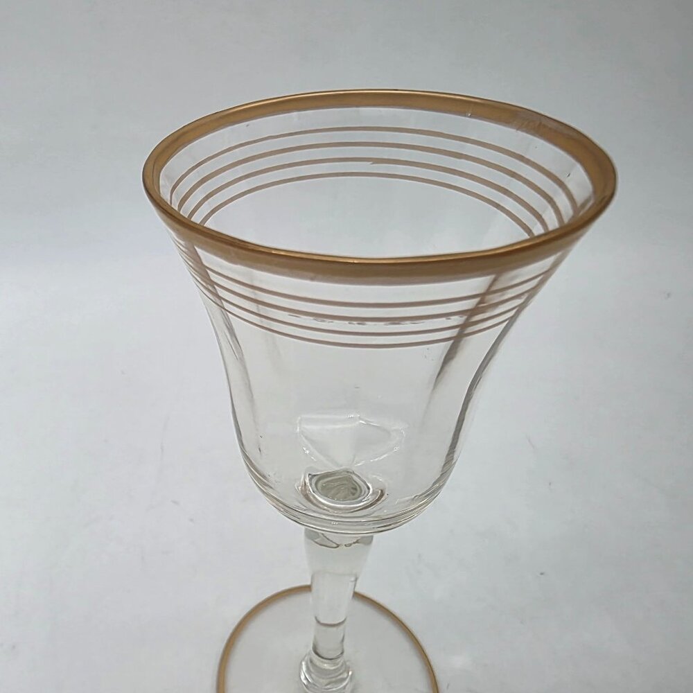 Vintage 1940s Cordial Glasses Clear Stemmed With Gold Rim & Stripe Design 5.5" - Picture 3 of 7